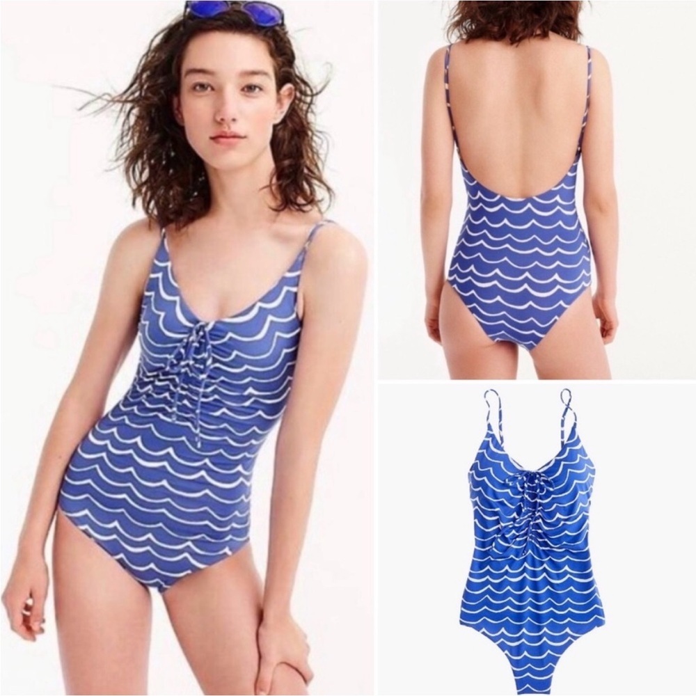 J. Crew Playa Wave Laguna Ruched One-Piece Swimsuit, in Blue & White, Size XL - Picture 1 of 12
